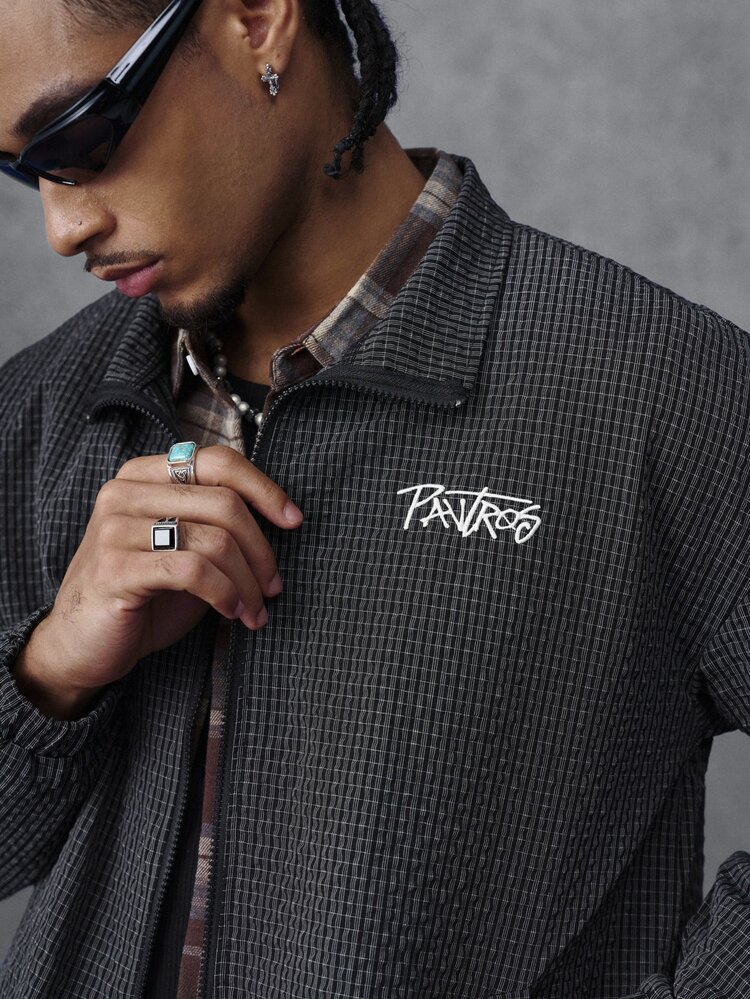 PAVTROS Men's Letter Pattern Plaid Long Sleeve Zip-Up Casual Jacket - Black - View 3