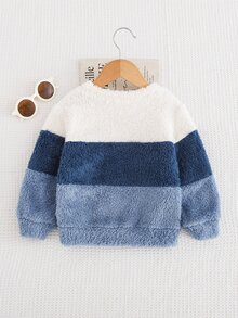 Cozy Pixies 男嬰童休閒日常圓領藍白拼接抓絨衛衣 秋冬款 - 藍白色 - 查看 5