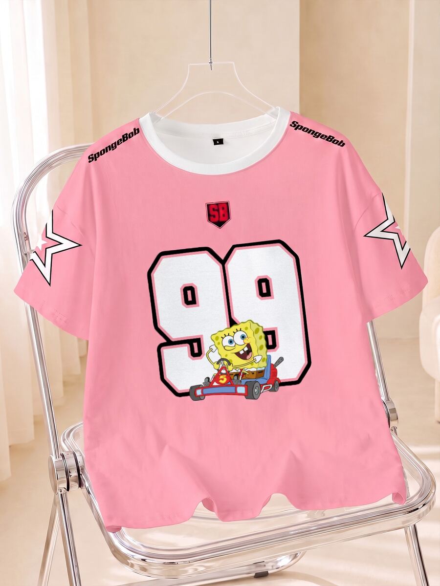SpongeBob SquarePants | SHEIN 女款數位卡通印花休閒百搭日常穿著T恤 - 白色 - 查看 1