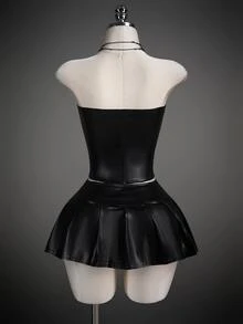 SHEIN ICON Y2K 女款黑色哥德風 Coachella 音樂節夜店 Gyaru 純色 PU 皮革打孔繫帶抹胸上衣與百褶迷你裙性感時尚兩件套，夏季 - 黑色 - 查看 2