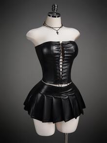 SHEIN ICON Y2K 女款黑色哥德風 Coachella 音樂節夜店 Gyaru 純色 PU 皮革打孔繫帶抹胸上衣與百褶迷你裙性感時尚兩件套，夏季 - 黑色 - 查看 3