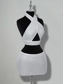 SHEIN ICON Women's Solid Color Hollow Out Glitter Fabric Halter Top And Low Waist Mini Skirt 2 Pieces Set - Silver - View 10
