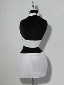 SHEIN ICON Women's Solid Color Hollow Out Glitter Fabric Halter Top And Low Waist Mini Skirt 2 Pieces Set - Silver - View 12