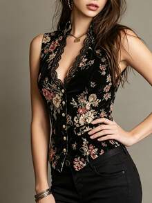 Trelyra French Vintage Floral Print Korean Velvet Women's Vest Black Lace Patchwork Women's Small Stand Collar Vest Gold Button Decoration Women's Vest - Black - View 5