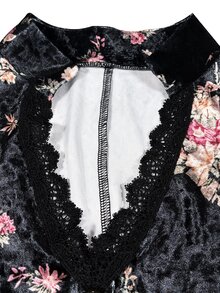 Trelyra French Vintage Floral Print Korean Velvet Women's Vest Black Lace Patchwork Women's Small Stand Collar Vest Gold Button Decoration Women's Vest - Black - View 7
