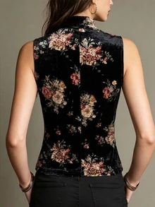 Trelyra French Vintage Floral Print Korean Velvet Women's Vest Black Lace Patchwork Women's Small Stand Collar Vest Gold Button Decoration Women's Vest - Black - View 2