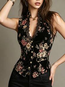 Trelyra French Vintage Floral Print Korean Velvet Women's Vest Black Lace Patchwork Women's Small Stand Collar Vest Gold Button Decoration Women's Vest - Black - View 3