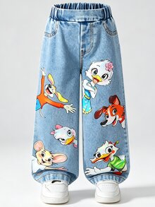 SHEIN Elladie kids 少女卡通丹寧復古牛仔褲 - 藍色 - 查看 5
