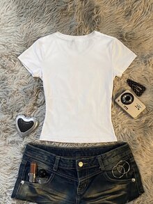 IslaSuriya 女款春夏復古街頭風紮染豹紋與字母印花修身短版短袖T恤上衣 - 白色 - 查看 2