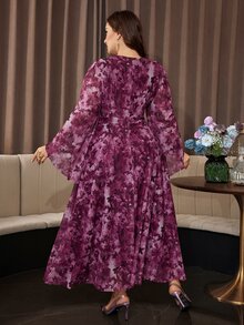 Modelyn Women's Round Neck Asymmetrical Long Sleeve Ruched Waist Elastic Mesh Printed Romantic Elegant Plus Size Dress - Multicolor - View 2