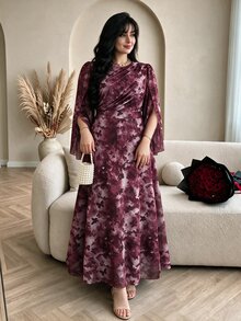 Modelyn Women's Round Neck Asymmetrical Long Sleeve Ruched Waist Elastic Mesh Printed Romantic Elegant Plus Size Dress - Multicolor - View 1