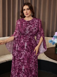 Modelyn Women's Round Neck Asymmetrical Long Sleeve Ruched Waist Elastic Mesh Printed Romantic Elegant Plus Size Dress - Multicolor - View 4