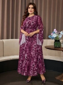 Modelyn Women's Round Neck Asymmetrical Long Sleeve Ruched Waist Elastic Mesh Printed Romantic Elegant Plus Size Dress - Multicolor - View 6