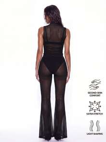 Oceva Tank Top Wanita Warna Polos Leher Tinggi Bahan Mesh Transparan Fit Seksi untuk Halloween Klub dan Pergi Keluar Hitam Musim Panas - Hitam - View 3