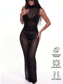 Oceva Tank Top Wanita Warna Polos Leher Tinggi Bahan Mesh Transparan Fit Seksi untuk Halloween Klub dan Pergi Keluar Hitam Musim Panas - Hitam - View 2