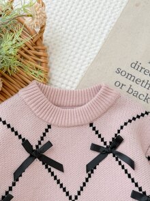 LMoss Kids Baby Girl Knitted Plaid 3D Bow Casual Sweater & Long Autumn Pants 2 Pieces Set - Multicolor - View 3
