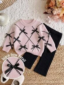 LMoss Kids Baby Girl Knitted Plaid 3D Bow Casual Sweater & Long Autumn Pants 2 Pieces Set - Multicolor - View 5