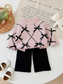 LMoss Kids Baby Girl Knitted Plaid 3D Bow Casual Sweater & Long Autumn Pants 2 Pieces Set - Multicolor - View 4
