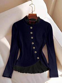 Franclia Women's Solid Color Elegant Contrast Color Long Sleeve T-Shirt, Autumn - Royal Blue - View 3