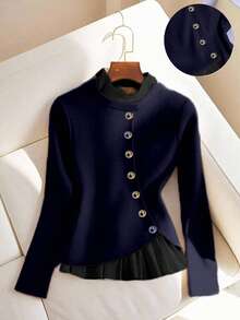 Franclia Women's Solid Color Elegant Contrast Color Long Sleeve T-Shirt, Autumn - Royal Blue - View 2