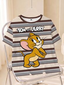 TOM & JERRY X SHEIN Plus Size Summer Casual Color Block Striped Cartoon Print T-Shirt - White - View 1