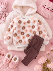 LMoss Kids 女嬰針織仿皮草圓領休閒衛衣與長褲兩件套 - 彩色 - 查看 5