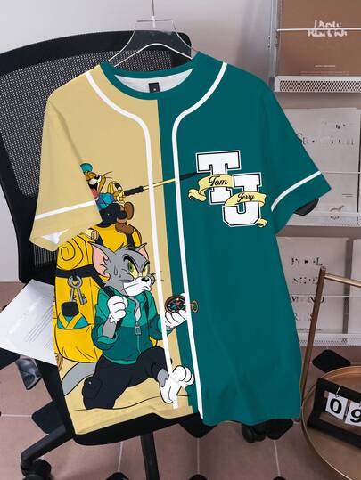TOM & JERRY X SHEIN メンズ カラーブロック パッチワーク カートゥーンプリント Tシャツ