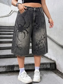 SHEIN ICON 大尺碼休閒復古鄉村風 70年代 90年代 Y2K 1920年代 寬鬆短版寬腿牛仔褲 灰色 萬聖節 演唱會 夜店 海灘 電音派對 夏季 - 深色水洗藍 - 查看 3