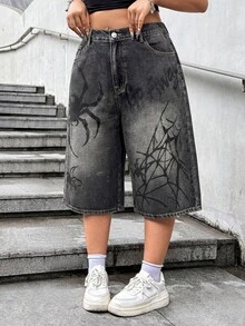 SHEIN ICON 大尺碼休閒復古鄉村風 70年代 90年代 Y2K 1920年代 寬鬆短版寬腿牛仔褲 灰色 萬聖節 演唱會 夜店 海灘 電音派對 夏季 - 深色水洗藍 - 查看 2