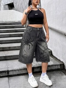 SHEIN ICON 大尺碼休閒復古鄉村風 70年代 90年代 Y2K 1920年代 寬鬆短版寬腿牛仔褲 灰色 萬聖節 演唱會 夜店 海灘 電音派對 夏季 - 深色水洗藍 - 查看 4