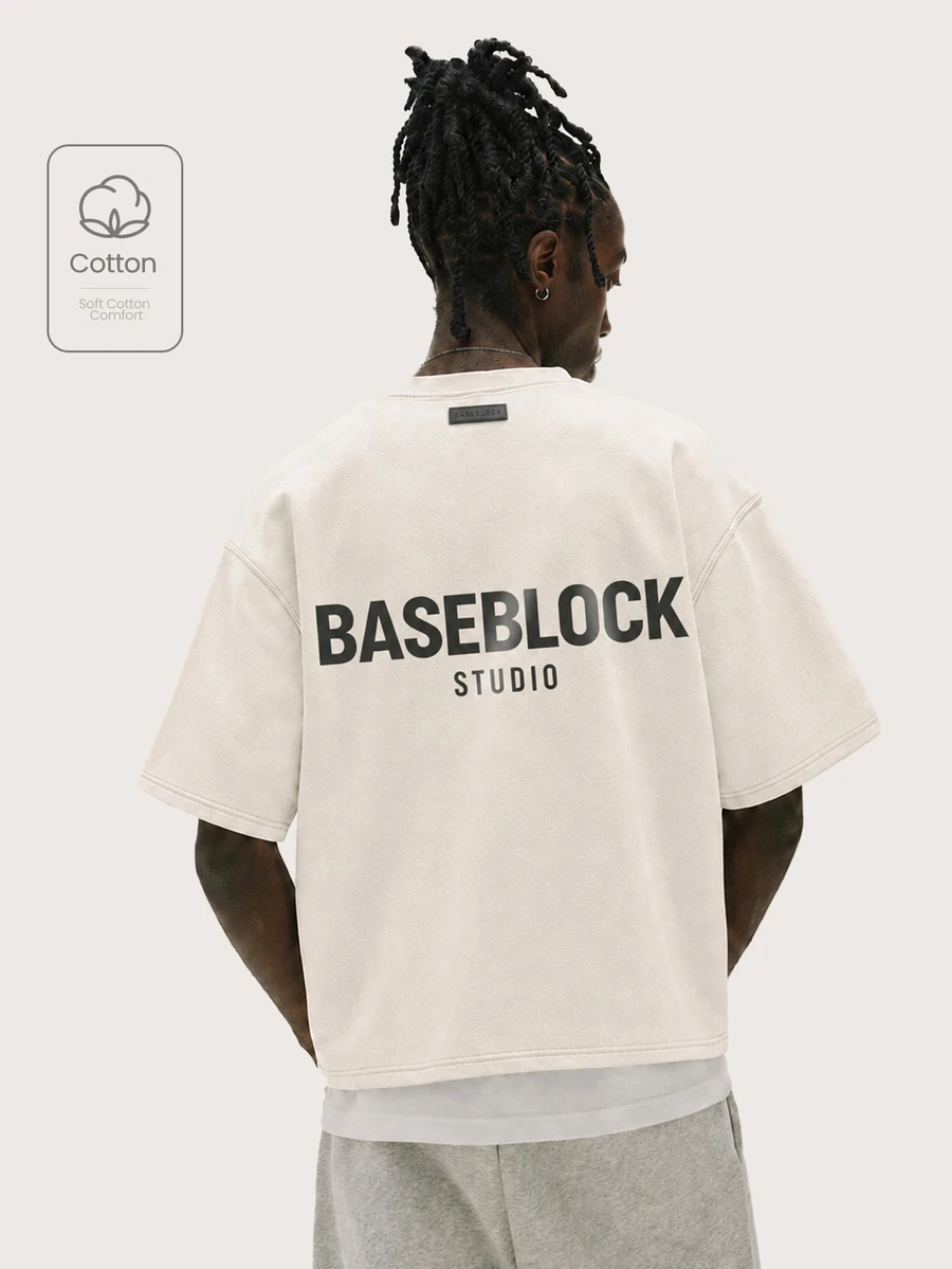 Baseblock 男士字母印花休閒百搭日常穿著短袖T恤 - 杏色 - 查看 1