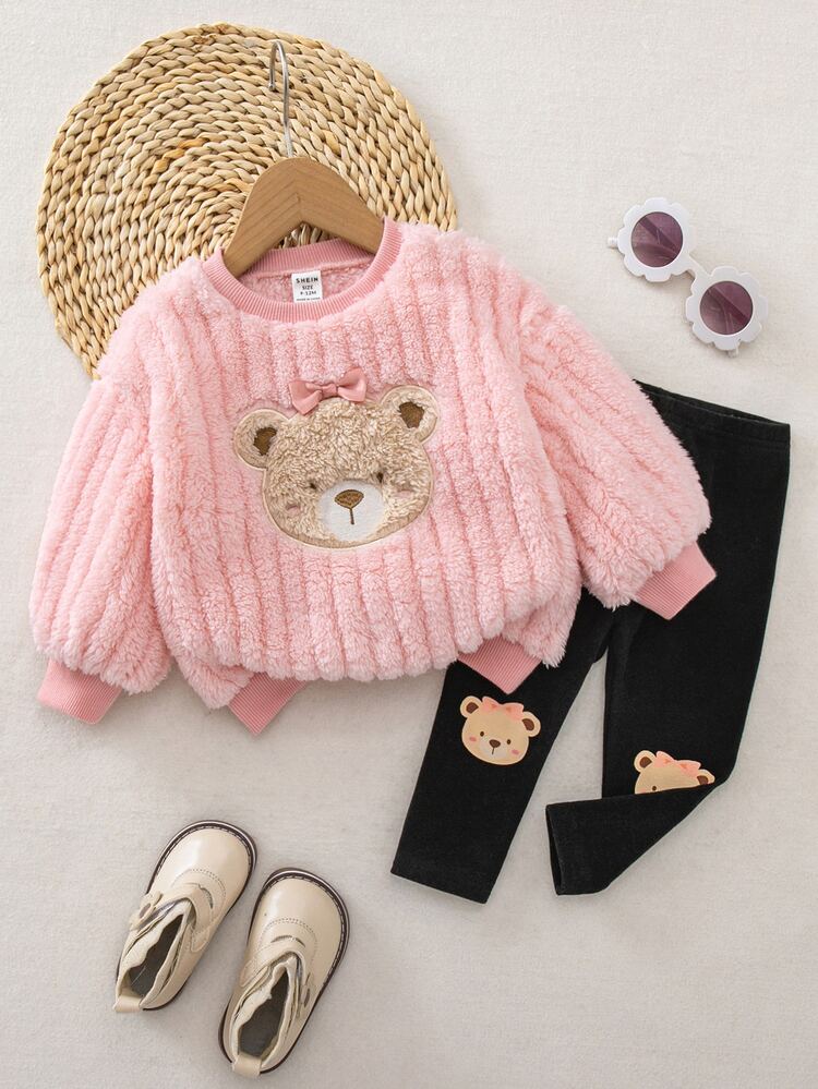 LMoss Kids Baby Girl Knitted Solid Color Bear Pattern Crew Neck Faux Fur Sweatshirt & Long Pants 2 Pieces Set - Multicolor - View 3