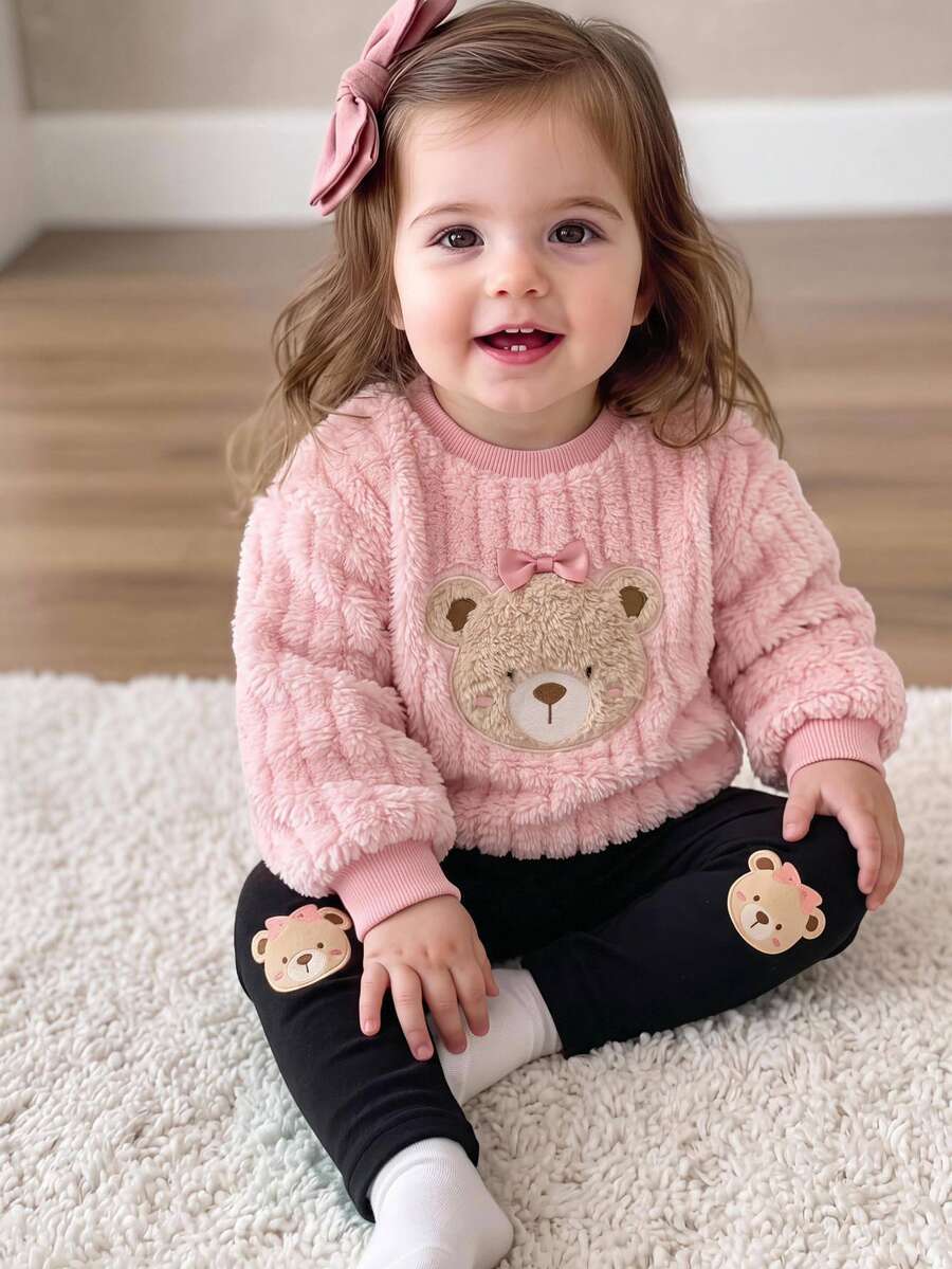 LMoss Kids 女嬰針織純色熊圖案圓領人造毛衛衣與長褲2件套 - 彩色 - 查看 1