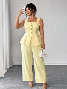 Roveilla 大码女式优雅领扣无袖衬衫，带侧袋和松紧腰阔腿裤两件套，适合办公室、通勤、度假、茶会、活动 - 黃色 - 查看 1