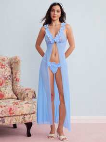 Elorette 2pcs Set: Floral Lace Contrast Mesh Maxi Nightgown + G-String Underwear, Wedding Design - Blue - View 4