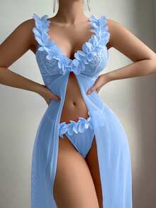 Elorette 2pcs Set: Floral Lace Contrast Mesh Maxi Nightgown + G-String Underwear, Wedding Design - Blue - View 3