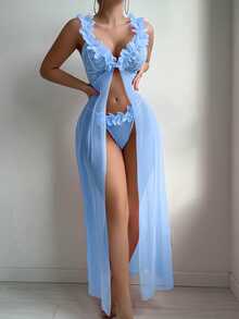 Elorette 2pcs Set: Floral Lace Contrast Mesh Maxi Nightgown + G-String Underwear, Wedding Design - Blue - View 5