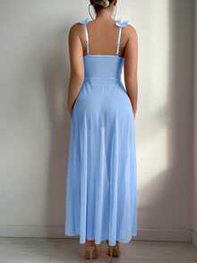 Elorette 2pcs Set: Floral Lace Contrast Mesh Maxi Nightgown + G-String Underwear, Wedding Design - Blue - View 10