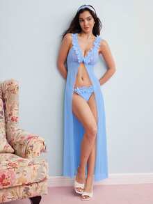 Elorette 2pcs Set: Floral Lace Contrast Mesh Maxi Nightgown + G-String Underwear, Wedding Design - Blue - View 2