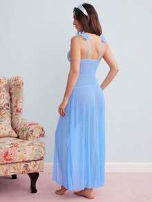 Elorette 2pcs Set: Floral Lace Contrast Mesh Maxi Nightgown + G-String Underwear, Wedding Design - Blue - View 9
