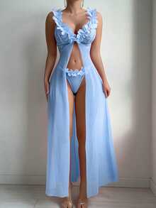 Elorette 2pcs Set: Floral Lace Contrast Mesh Maxi Nightgown + G-String Underwear, Wedding Design - Blue - View 7