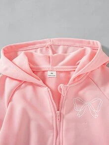 SHEIN Playful Pals 女童 2 件組 秋冬 4-7 歲 粉色蝴蝶結刺繡拉鍊連帽外套與寬腿運動長褲套裝，休閒秋季服飾 - 粉色 - 查看 9