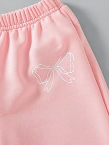 SHEIN Playful Pals 女童 2 件組 秋冬 4-7 歲 粉色蝴蝶結刺繡拉鍊連帽外套與寬腿運動長褲套裝，休閒秋季服飾 - 粉色 - 查看 8