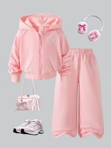 SHEIN Playful Pals 女童 2 件組 秋冬 4-7 歲 粉色蝴蝶結刺繡拉鍊連帽外套與寬腿運動長褲套裝，休閒秋季服飾 - 粉色 - 查看 4