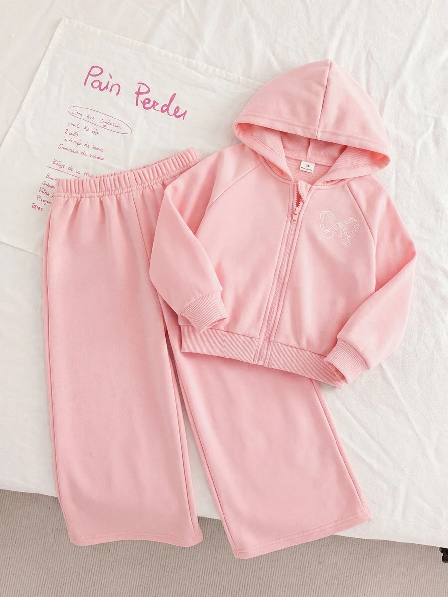 SHEIN Playful Pals 女童 2 件組 秋冬 4-7 歲 粉色蝴蝶結刺繡拉鍊連帽外套與寬腿運動長褲套裝，休閒秋季服飾