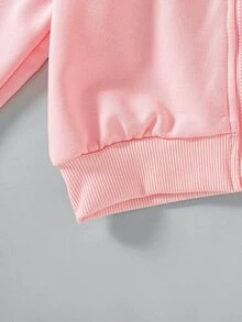 SHEIN Playful Pals 女童 2 件組 秋冬 4-7 歲 粉色蝴蝶結刺繡拉鍊連帽外套與寬腿運動長褲套裝，休閒秋季服飾 - 粉色 - 查看 5