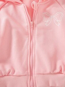 SHEIN Playful Pals 女童 2 件組 秋冬 4-7 歲 粉色蝴蝶結刺繡拉鍊連帽外套與寬腿運動長褲套裝，休閒秋季服飾 - 粉色 - 查看 6