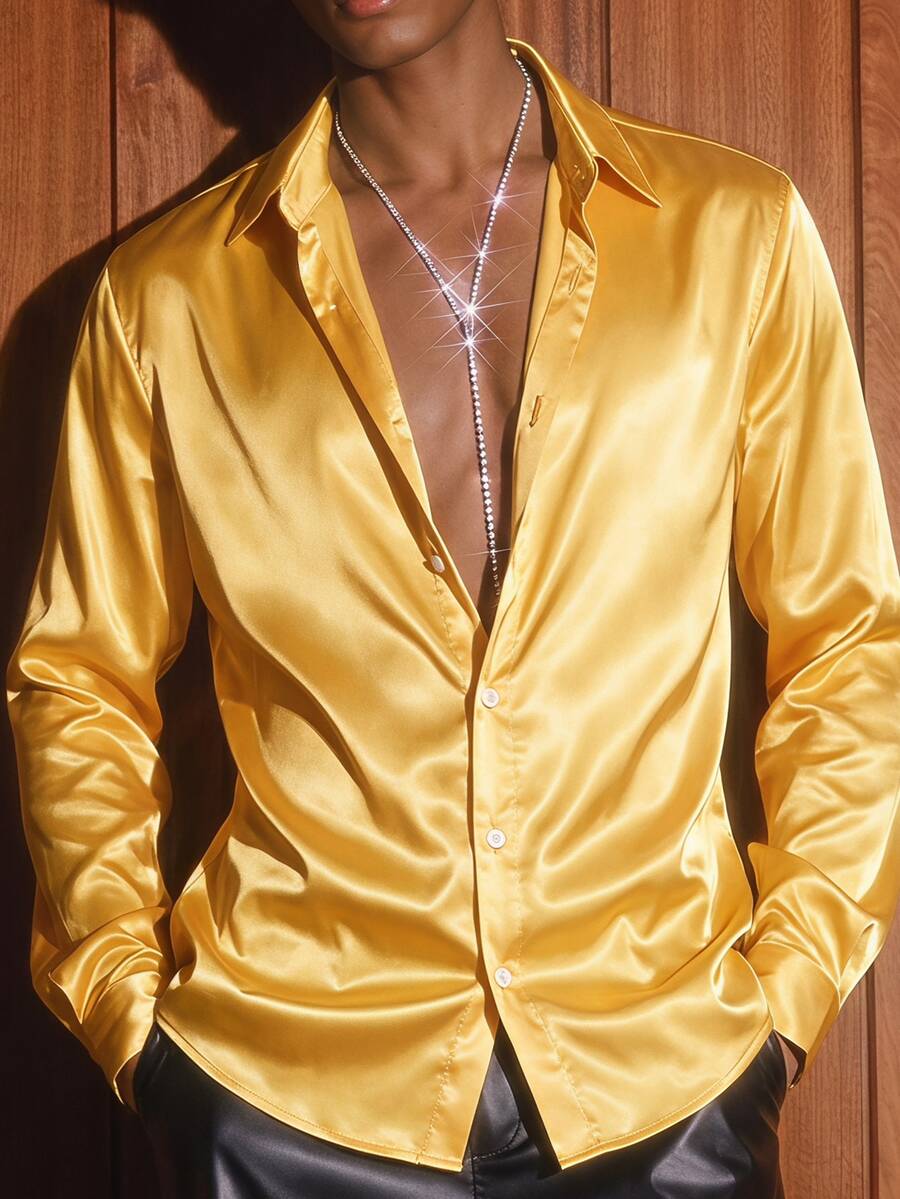 HIMLAND Men's Solid Color Casual Versatile Daily Long Sleeve Shirt - Yellow - View 1
