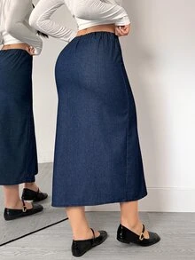 Elenzga Women's Pleated Side Slit Hem Casual Denim Skirt - Blue - View 3