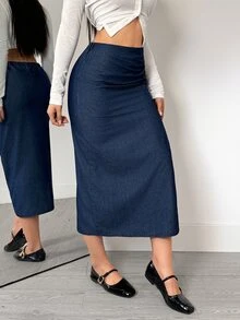Elenzga Women's Pleated Side Slit Hem Casual Denim Skirt - Blue - View 5
